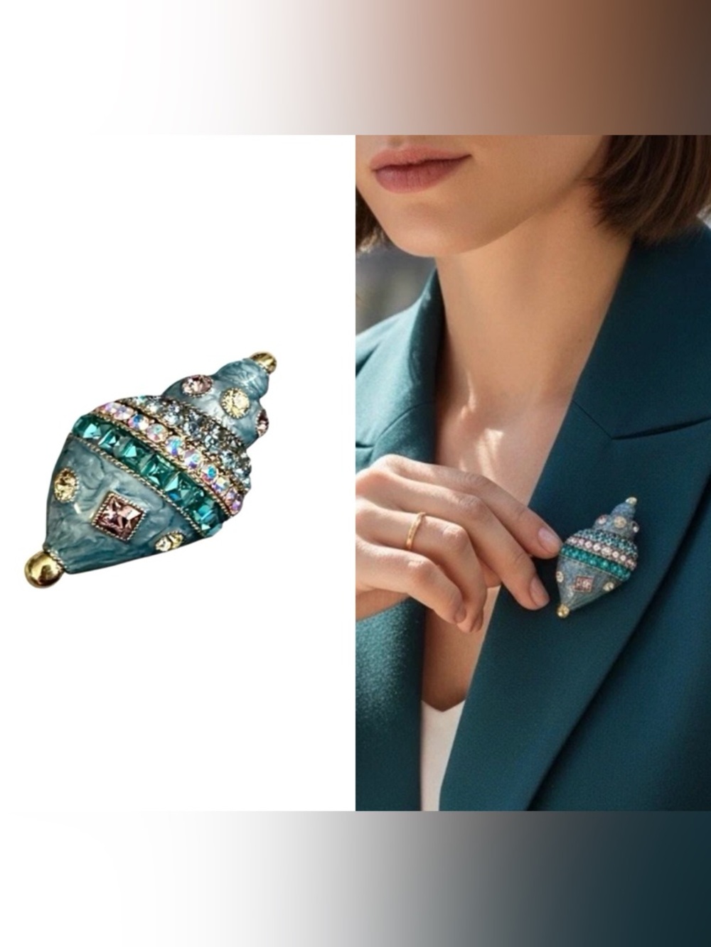 HEIDI DAUS Vintage Large Shell Brooch Signed Turquoise Blue Jewels